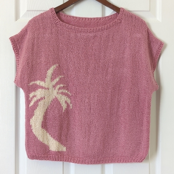 90's Vintage Palm Tree Jacquard Knit Boxy Boat Neck Short Sleeve Sweater Mauve M - Picture 1 of 9